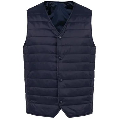 A navy blue puffer vest is shown flat against a white background.