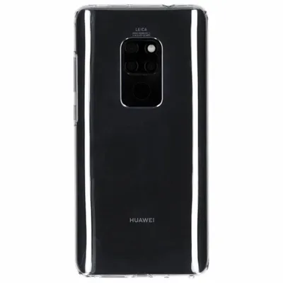 The back of a transparent phone case with a Huawei Mate 20 phone inside.