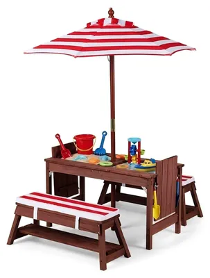 Immagine prodotto di Set di sedute per bambini in legno, marca KOMFOTTEU, completo di parasole