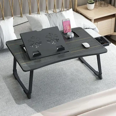 Produktbild von Laptop-Tisch - Faltbarer Betttisch - 6-stufig höhenverstellbar - Mit Schublade - Rechteckige MDF-Platte - Metallrahmen - Hellgrau