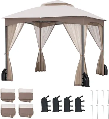 Produktbild von GOPLUS 3 m x 3 m Pavillon, Gartenpavillon mit Doppeldach, Netzseitenwänden, 4 Sandsäcken & 8 Erdnägeln, Pavillonzelt für Terrassen & Rasen (Khaki)