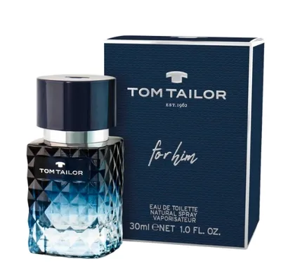 A bottle of Tom Tailor For Him Eau de Toilette and its packaging are displayed against a white background.