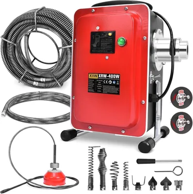 A red electric pipe cleaning machine with various accessories and coiled pipes laid out around it on a white background.