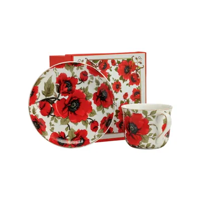 Produktbild von Tasse Becher Porzellan Kaffeetasse Teetasse mit Untertasse Blumen Rot  400 ml