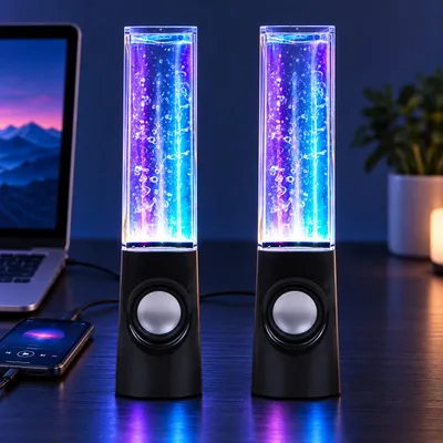 Immagine prodotto di Coppia Casse con Effetto Acqua Danzante e Luci LED – Speaker per Telefono, PC e Tablet con Jack 3.5mm, 3W RMS, Altezza 22cm – Ideali per Musica, Feste e Regalo