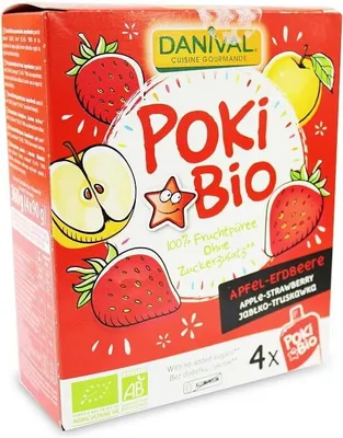 POKI - PRZECIER OWOCOWY JABŁKO - TRUSKAWKA BEZ DODATKU CUKRÓW BIO (4 x 90 g) 360 g - DANIVAL