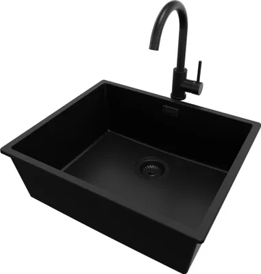 Produktbild von PRIMAGRAN Granitspüle Alles Schwarz 56x47cm, Spülbecken 1 Becken + Küchenarmatur 32x20cm + Ablauf-Set, Küchenspüle ab 60er Unterschrank - London Slim