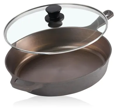 Productafbeelding van Gietijzeren pan met deksel 25 cm, braadpan met schenktuiten