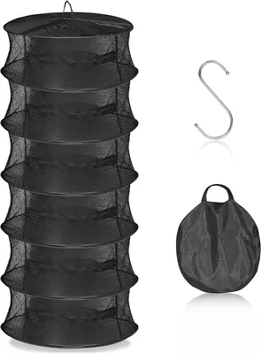 A black, multi-tiered drying rack with a hook and a folded carrying bag.