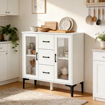 Produktbild von Sideboard mit Glastüren und Soft-Close, Buffetschrank 3 Schubladen 2 Glastüren verstellbare Regale, MDF, Weiß | 90 x 38 x 86 cm | 16 kg