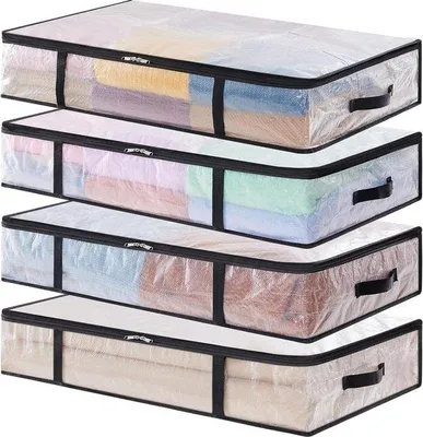 Image de Sacs de rangement transparents - 60L - Boîte de rangement pliable - Sous le lit - Avec poignées - PP - Sac de rangement de vêtements - Housse de couette - Pour les déménagements - Vêtements - Couvertures - Jouets