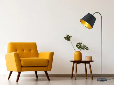 Produktbild von Moderne Wohnzimmer Stehlampe gebogen mit Lampenschirm Schwarz Gold, Höhe 156cm