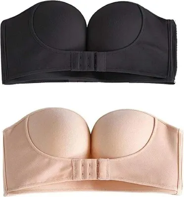 Zwei trägerlose BHs, einer schwarz und einer beige, mit vorderem Verschluss, flach ausgelegt