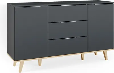 A dark grey sideboard with three drawers and two doors, supported by light wood legs.
