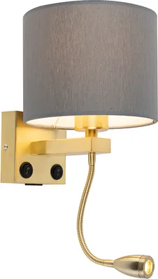 Produktbild von QAZQA - Art Deco Art Deco Wandlampe Gold I Messing mit USB und grauem Schirm - Brescia I Wohnzimmer I Schlafzimmer I Nachttischleuchte - Stahl Rund - I E27