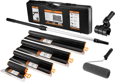 Produktbild von NEO TOOLS Spachtel-Set für Putz & Gips 8-tlg. im Koffer – Oberflächenspachtel 200-800mm mit 0,3mm Edelstahlklingen, Teleskopstab 0,7-1,2m