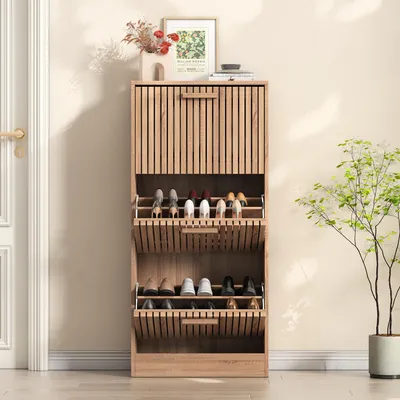 Image de Armoire à chaussures ProximaX avec compartiments rabattables, aspect bois, design rotin, coffre à chaussures pour l'entrée et le couloir, basculeur de chaussures peu encombrant