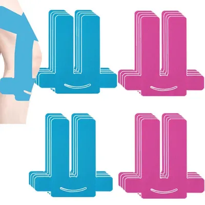 Image de Bande kinésiologique pour le genou, prédécoupée, 16 pièces, résistante à l'eau, élastique, agréable pour la peau, couleurs : bleu, rose