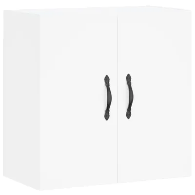 A white cabinet with two black handles against a white background.