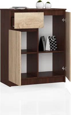 Zdjęcie produktu dla BDW, komoda z 1 szufladą i 2 drzwiczkami, 80x99x40 cm, kredens, wenge - dąb sonoma