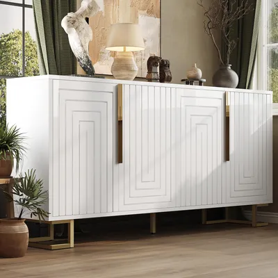 Produktbild von Sideboard Weiß Gold 152x40x75 cm - Moderne Anrichte mit Geometrischem Design, Wohnzimmer Kommode mit 4 Fächern & Metallbeinen, Elegant & Stabil