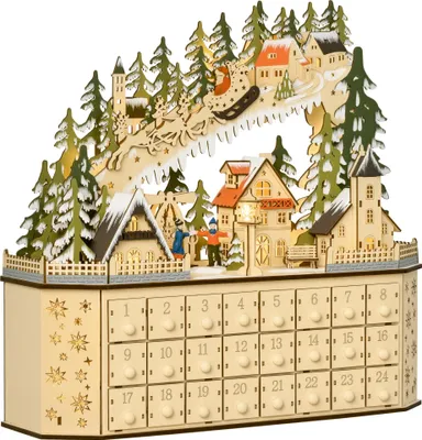 Produktbild von LED-Adventskalender mit 24 Schubladen, Weihnachtsdeko in Weiß & Grün, 39x9x42 cm