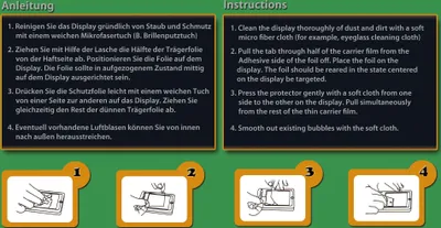Instructions for applying a screen protector to a device, with accompanying diagrams.