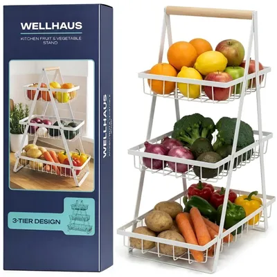 Produktbild von WELLHAUS 3-Etagen Obst Etagere aus Kohlenstoffstahl – Abnehmbarer Obstkorb für Obst, Gemüse & Snacks, Weiß