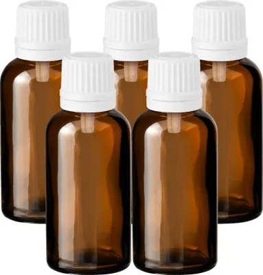 Produktbild von 5x Glasflasche braun 30 ml mit weißem Tropfeinsatz leere Tropfflasche