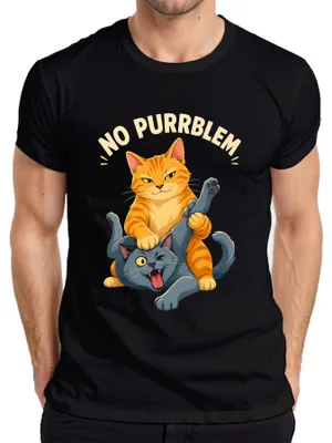 Obrázok produktu pre "No Purrblem" – Vtipné tričko s motívom hádky medzi mačkami, sarkastický nápis, pánske, čierna farba, veľkosť S