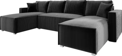 Produktbild von Wohnlandschaft U form Cord NOEMI 145x300 cm, Ecksofa U form Grau mit Schlaffunktion und Bettkasten, Sofa XXL, Couch U form, Polsterecke - PS 34