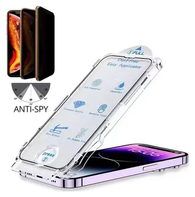 A screen protector with an applicator is shown being placed on a smartphone.