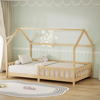 Obrázek produktu pro Dětská postel ML-Design 120 x 200 cm s ochrannou zábranou proti vypadnutí, stříškou a roštem, přírodní Montessori postel na podlaze z masivního borovicového dřeva, postel ve tvaru domečku pro holčičky a kluky