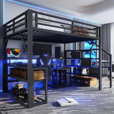 Productafbeelding van 140x200 cm hoogslaper met bureau, LED-lichtstrip, USB-aansluiting, trap met opbergruimte, opbergvakken en veiligheidshek, zwart ijzeren frame
