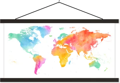 Produktbild von MuchoWow® Textilposter Weltkarte - Regenbogen - Aquarell 120x60 cm mit schwarzem Rahmen - Dekoration Schlafzimmer