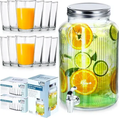 Image de Vilde Distributeur de boissons avec robinet Distributeur en verre avec robinet en verre 6,2 L + verres à boire 12 pcs. 200 ml