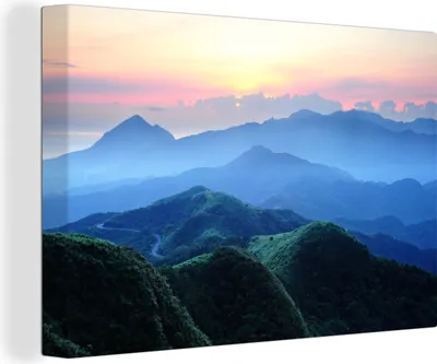 Produktbild von OneMillionCanvasses® - Leinwandbilder - 140x90 cm, Blick auf die Silhouetten der Berge, Wandbilder Kunstdruck Wanddekoration - Foto auf Leinwand - Gemälde auf Holzrahmen