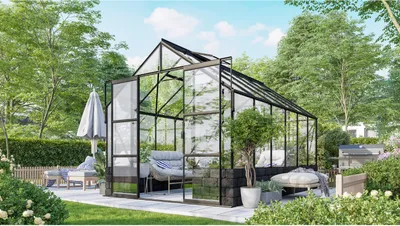 Produktbild von Vitavia Gewächshaus "Cassandra 9900" schwarz 9,9 m² mit Sockelmauer in basalt, 3 mm ESG