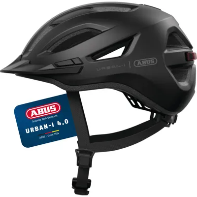 Zdjęcie produktu dla Kask miejski ABUS Urban-I 4.0 - kask rowerowy z ładowalnym tylnym światłem, 2 trybami oświetlenia, daszkiem, otworem na warkocz i zapięciem magnetycznym - dla nastolatków, kobiet i mężczyzn - rozmiar M, czarny