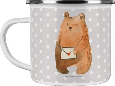 Produktbild von Mr. & Mrs. Panda Pott Bär Liebesbrief - Grau Pastell - Geschenk, Freund, Campingbecher, Freundin, Tasse Emaille, Teddy, Sehnsucht, Liebeskummer, Haferl, Teetasse