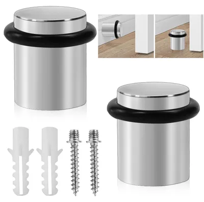 Image de Lot de 2 butoirs de porte en acier inoxydable pour protéger les murs. Butoirs de porte robustes avec anneau en caoutchouc, à visser. Butoirs de porte Ø 20 x 25 mm