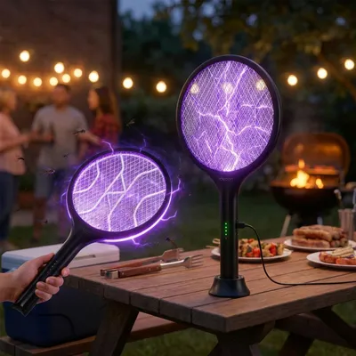 Produktbild von 2er-Set Elektrische Fliegenklatsche mit Akku & UV-Licht - Mückenfänger für optionalen stationären Betrieb, mit Schutzgitter & USB-C Anschluss