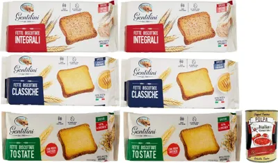 Produktbild von Gentilini Fette Testpaket, Zwieback Brot n reich an Ballaststoffen 100% Italienisches Produkt 6x 175g + Italian Gourmet polpa 400g