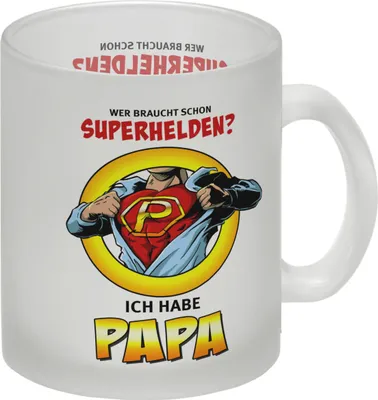 Produktbild von Glas Tasse Comic mit Spruch - Wer braucht schon Superhelden? Ich habe Papa