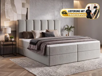 Produktbild von Boxspringbett NOLARO 160x200 cm Komplett-Set mit Bettkasten, Bonell-Matratze und Topper, Bouclé Hellgrau