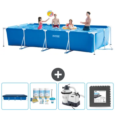 Produktbild von Intex-Schwimmbecken mit rechteckigem Rahmen – 450 x 220 x 84 cm – Blau – im Lieferumfang enthalten Abdeckung - Wartungspaket - Filterpumpe für Schwimmbad - Bodenfliesen