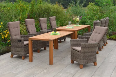 Obrázek produktu pro Merxx "Toskana" 9dílná sada zahradního nábytku s rozkládacím stolem Flex 185/370 x 90 cm, včetně polštářů - hliníkový rám s proutím z přírodního plastu a akátového dřeva
