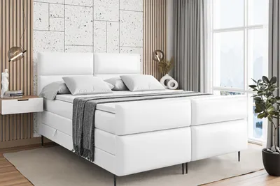 Produktbild von ALTDECOR Boxspringbett mit Schwarz Füßen, Matratze und Lattenrost, Topper, Fußteil, Polsterbett mit Bettkasten, Bett mit Stauraum H3- und H4- Matratze -BOXI3-FC-Z KING-180x200 - Weiß Kunstleder