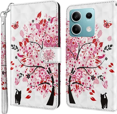 Produktbild von CLM-Tech Handyhülle kompatibel mit Xiaomi Redmi Note 13 5G Hülle - Tasche aus Kunstleder - Klapphülle mit Ständer und Kartenfächern - Schutzhülle Wallet Case Cover Baum rosa weiß