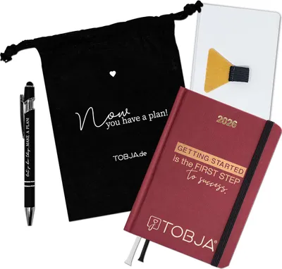 Produktbild von Taschenkalender 2026 A6 rot + Zubehör Set - Terminplaner mit Froschtasche, Stift, Pen-Loop und Beutel | Hardcover Kalender 2026 A6